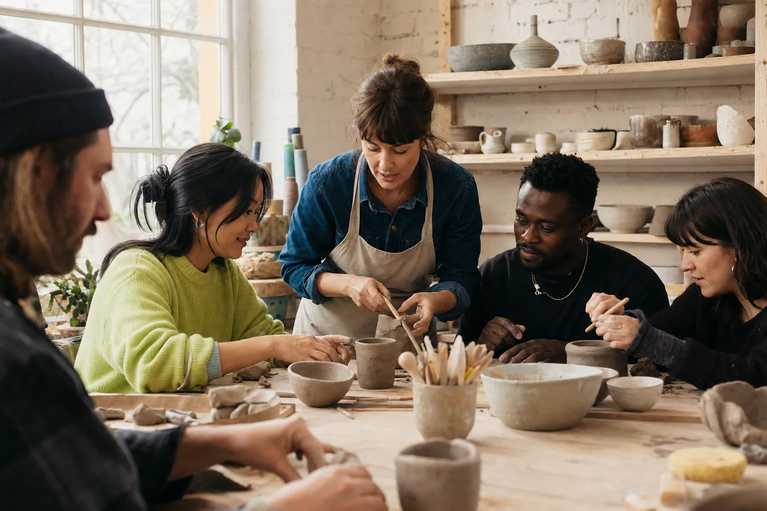 People shaping clay together at a bright ceramics workshop