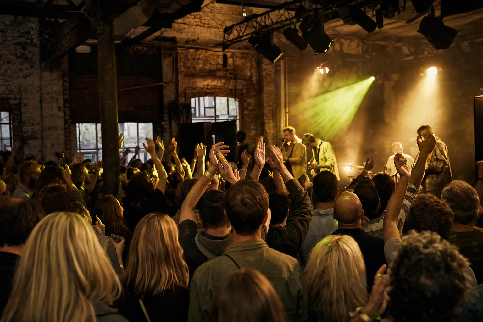 A packed independent live music event in a converted warehouse