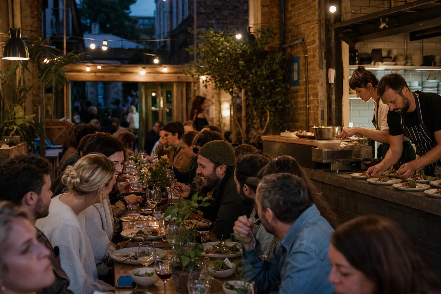Guests sharing food at a communal evening pop-up