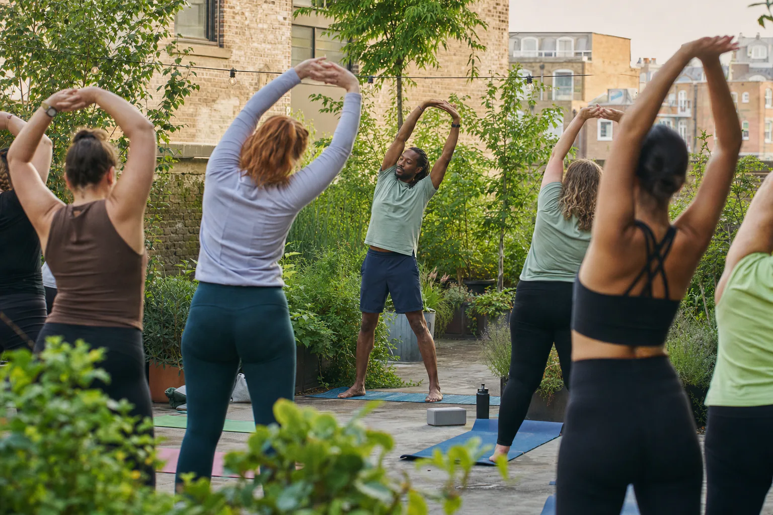 An outdoor wellbeing class stretching in a leafy city courtyard